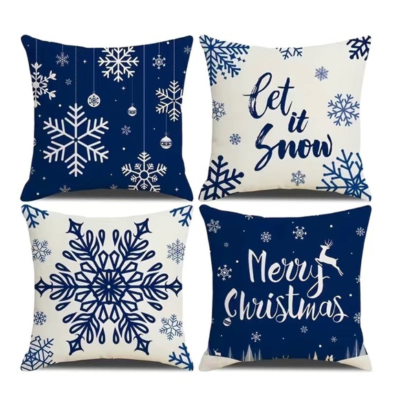 4pc Linen Blend Blue Snowflake Christmas Throw Pillow Covers - Picture 1 of 1